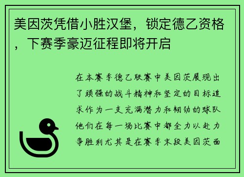 美因茨凭借小胜汉堡，锁定德乙资格，下赛季豪迈征程即将开启
