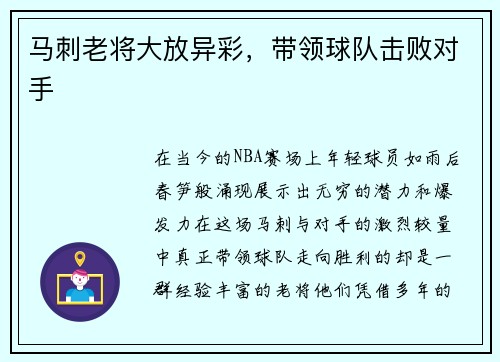 马刺老将大放异彩，带领球队击败对手